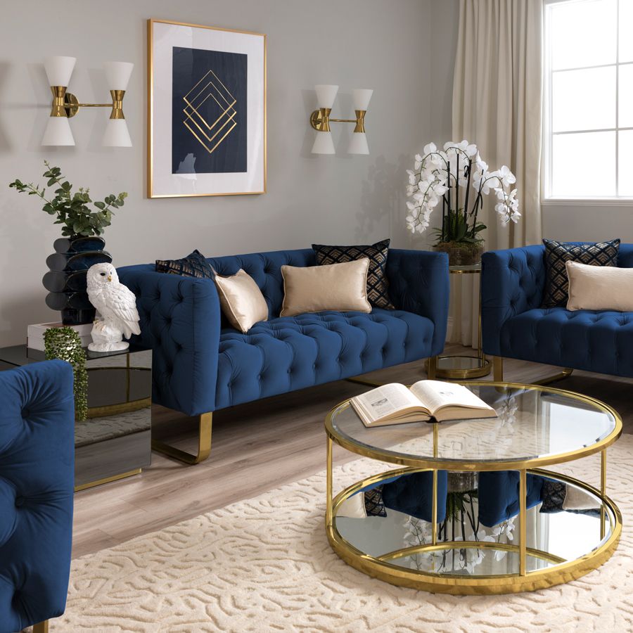 Grosvenor Two Seat Sofa - Navy Blue - Brass